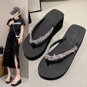 [Free Shipping] WomenS Summer Fashion High-Heeled Flip-Flops For Outdoor Wear Thick-Soled Non-Slip Wedge Sandals New Rhinestone Beach Slippers