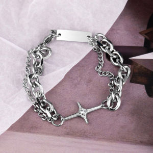 RENNA - Bracelet Gelang Tangan Bangle Aesthetic Rantai Double Layer Titanium Silver Desain Starburst Plus Bintang Gaya Punk Hip Hop Retro Vintage Perhiasan Aksesoris