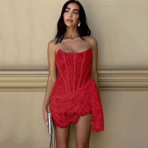 SGC Dress French Pure Desire Style Lace Patchwork Receiving Waist Strapless Dress For Women In Spring Spicy Hot Girl Slim Fit Short Skirt Trend Splicing Halter Back Tube Top Dress Female Summer Street Shot Sheath Dress