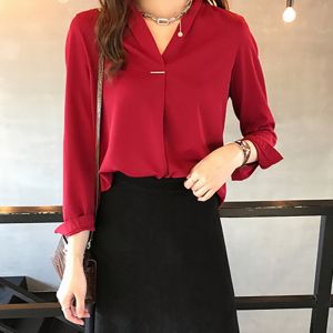 M-4XL Korean Style Chiffon Plain Shirt For Women Casual V-neck Long Sleeve Blouse Top Tops