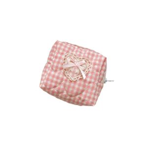 COOLCELLS Chần bông Túi đựng mỹ phẩm cầm tay Nơ trái tim ren Kẻ sọc Gingham Ví đựng tiền xu có khóa kéo Nữ tính Ngọt ngào Túi đựng đồ vệ sinh cá nhân du lịch Du lịch