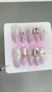 【HANDMADE+Free Glue】Real Photos Press on Nails Shell pattern crushed diamond gradient purple cat eye nails Phototherapy Fake Nail Patch Artificial Nail Reusable