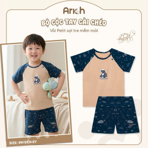 Bộ cộc tay cài chéo Arich in Rùa Con Mùa Hè vải sợi tre petit cho bé trai gái từ 9 tháng đến 6 tuổi