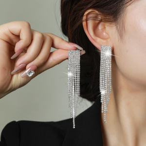 ZEEMIN แฟชั่นข้ามพรมแดนประดับด้วยเครื่องประดับหูเพชรผู้หญิงชุดยาวพู่ต่างหูเฉพาะรุ่นเกาหลี ins สไตล์แสดงใบหน้าต่างหูขนาดเล็ก