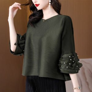 2025 Autumn New Miyake Style Pleated Elastic Loose Plus Size Oversize Niche Lotus Leaf Sleeve Short Sleeve Round Neck Slimming Top T-Shirt for Women