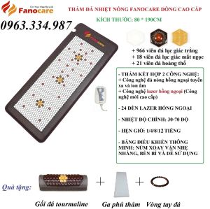 Nệm đá nhiệt nóng HQ Fanocare dòng cao cấp kèm 24 đèn lazer KT 80x190x3.5cm đá lục giác trắng  (Tặng 3 quà tặng)