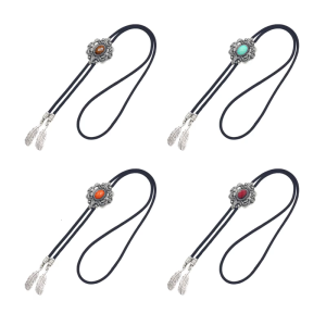 Braided Shoestring Bolo Tie with Engraving Stone Charm Cowboy Necktie Necklace Country Style Bolo Tie Cowboy