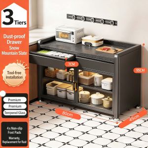 Multifunctional Imitation Marble Kitchen Storage Cabinet Large Capacity Layered Organizer with Drawer and Door Microwave Oven Stand for Home Kitchen
