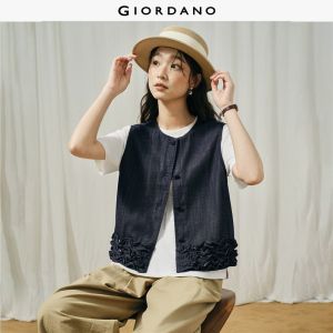 Giordano Women Ruffle panels hem round neck denim vest Free Shipping 18376505