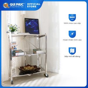 Kệ inox đa năng gấp gọn Ohawa 3 tầng QUI PHÚC inox sáng bóng tiện lợi chân có bánh xe di chuyển