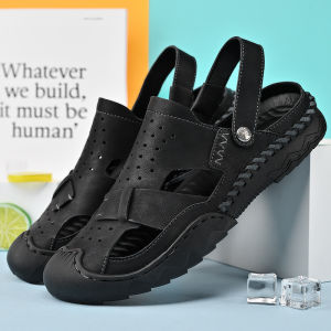 Prikol Fashion 100% Kulit Full Black Sandal Pria Hiking Gunung Sendal Mendaki Lentur Cowok Dewasa Keren Touring 195