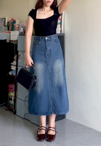 Blue slit denim skirt for women irregular midi skirt Korean style high waist with pockets ins
