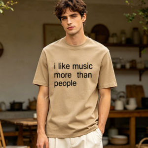 I Like Music More Than People Slogan Letter Print Khaki Loose Men Short Sleeve Tee Casual Streetwear Daily Music Lover Outfit