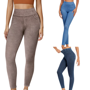 High Waist Yoga Pants For Women Tummy Slimming Butt Lifting Workout Leggings Stretchy Imitation Denims Skinny Trousers