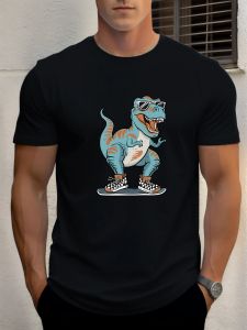 2025 Summer Mens Cotton T Shirt Skateboard Dinosaur Trendy Print Round Neck T-Shirt Casual Breathable Street Style Daily Top
