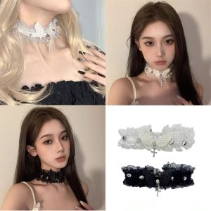 GENENIC Wide Lace Womens Necklace Solid Color Angel Wings Leather Necklace Lolita Cool Lace Choker Lady