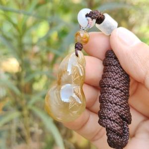 Premium Semi Icy Yellow Natural Type A Jadeite Pendant Necklace crafted as a gourd symbols of Happiness wealth longevity with certificate weigh 9.16 grams 32.6 * 18.7 * 10.3 mm suitable for daily wear or collection purpose