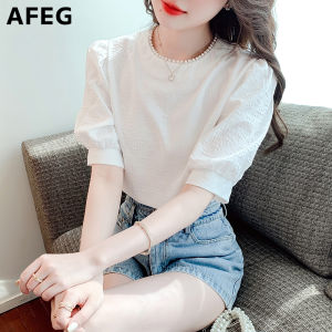 AFEG new Korean version round neck fashion loose all-match temperament beaded puff sleeve blouse for women