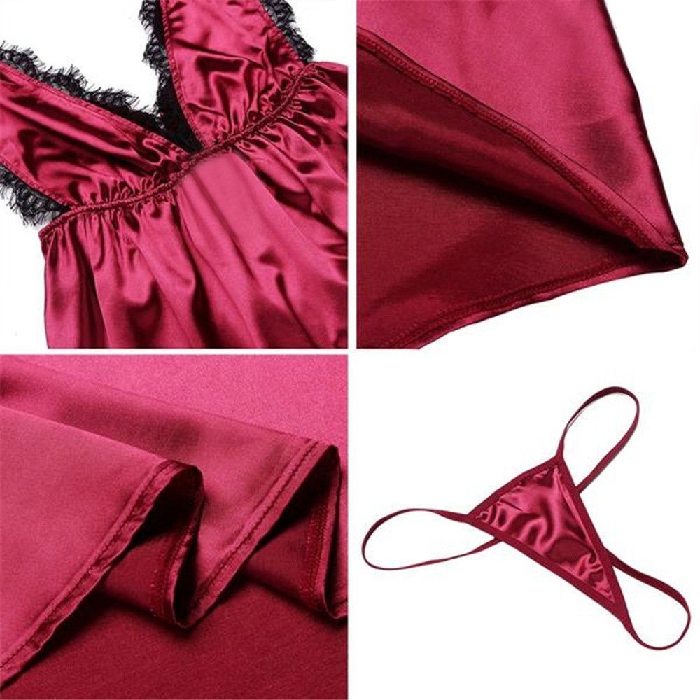 Satin Dress Underwear Plus Size Lace gerie Sexy V neck Black Red Nightdress Robes Pamas S 3xl{Womens Shoes and Clothing Women Clothing&lt;gerie, Sleep & Lounge &lt; Panties}. 