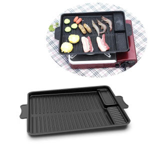 BBQ Grill Pan Frying Griddle Non-Stick Coating w/ Handle Rectangular Non-Stick Barbecue Grill Pan Plate