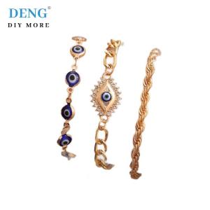 🎀🎁【Special price】Deng ชุดสร้อยข้อมือดวงตาสีฟ้าชั่วร้ายไก่งวงนำโชค3ชิ้นชุดสายรัดข้อมือโลหะแบบวางซ้อนได้สำหรับเครื่องประดับชายหญิงของขวัญสร้อยข้อมือตาชั่วร้าย