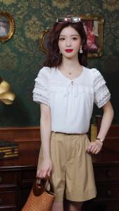 AMMIN 2024ฤดูร้อนใหม่เนคไทคอกลมหวานๆแขนยาวพองผ้าชีฟองลูกไม้เสื้อสไตล์เกาหลีทรงหลวมสำหรับ