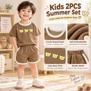 AILEBE Kids Sets Terno Summer Short Sleeve T-Shirt And Shorts 2Pcs Set Thin Soft Breathable Skin-Friendly Cartoon Bear Print Round Neck Elastic Waistband Casual OOTD Pambahay Panglakad Daily Wear 0-5 Years