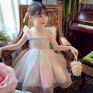 Không giới hạn 1-8 năm cô gái dễ thương Công Chúa dresssummer mới Gradient cầu vồng trang trí nơ Ăn mặc