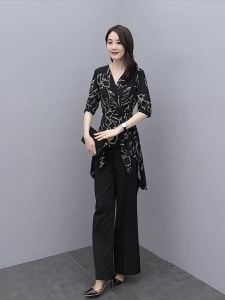 Single / Womens Summer Suit 2023 New Temperament plus Size Fashion Chiffon Shirt Loose Belly-Covering Wide Leg Pants Two-Piece Set