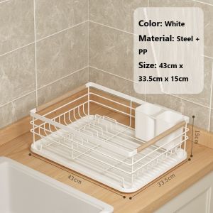 Japanese Style Dish Rack Drain Rack with Wood Handle Tray Drainer and Utensil Box Kitchen Countertop