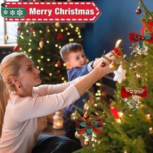 10Pcs Christmas Bowties with Small Bells Christmas Tree Decorations Garland Hanging Pendant Mini Bowknot Wreath Ornament DIY Gift Package Decor Home New Year Party Decoration