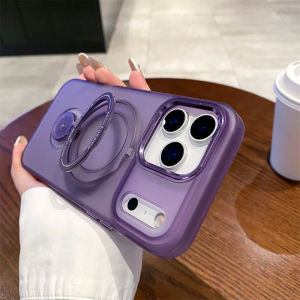 For Magsafe Fold Bracket Rotating Stand Magnetic Phone Case For iPhone 16 17 Pro Max Solid Color Matte Frosted Translucent Cover