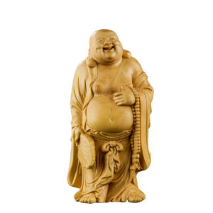 Laughing Buddha Statue Happy Buddha Wooden Statue Exquisite Handcrafted Wood Carving for Home Decor Symbolizing Joy Wealth and Good Fortune Perfect Big Fat Buddha Statue for Feng ShuiBringing Prosperity and Happiness