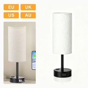 3 Way Dimmable Touch Bedside Lamp With Charging Station USB C Port Extra AC Outlet Minimalist Small Table Lamp Fabric Shade Energy Saving Bulb For Living Room Dorm