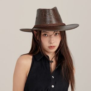 XINSU38 Punk Elegant Cycling Caps Wide Brim Men Bucket Hat Sun Protection Caps Sunscreen Caps Western Cowboy Hats PU Leather Summer Sun Hats