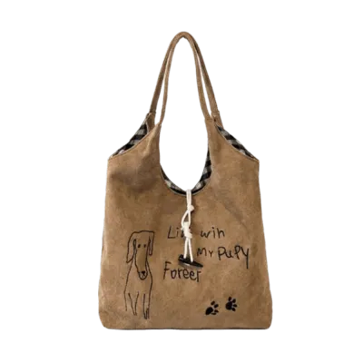 DYJKOUG Vintage Puppy Paw Print Tote Bag Little Dog Large Capacity Drawstring Shoulder Bag Minimalist Style Soft Fabric Shopper Bag Commuting