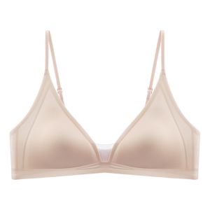 REOPYG Thin Satin Wireless Deep V Bra Shockproof Close-fitting Brassiere for Women Comfortable Lingerie Seamless Bras Summer Spring