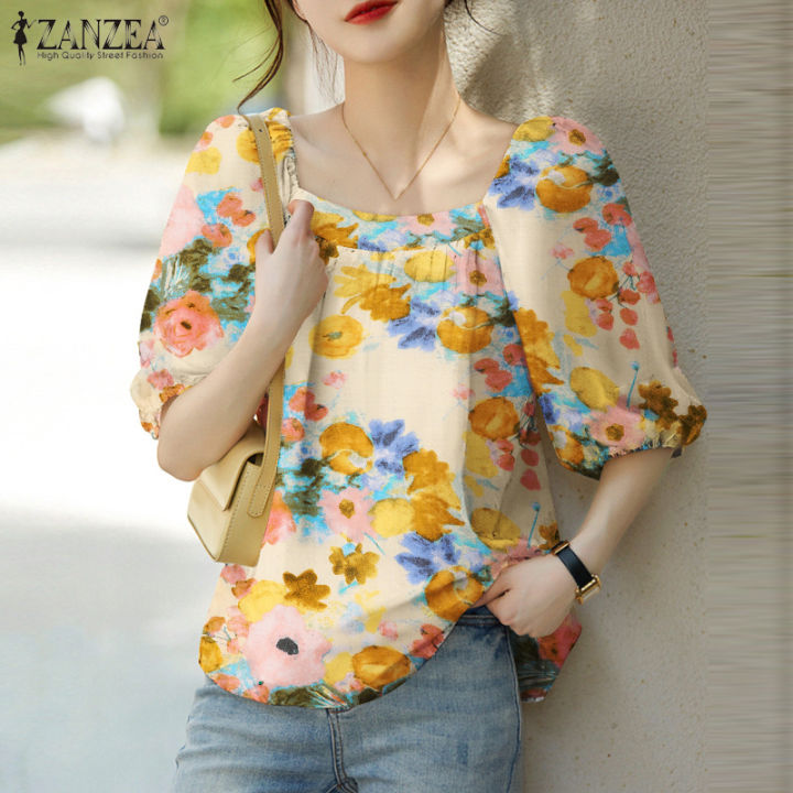 Korean Women Retro Check Square Neck Puff Sleeve Loose Casual Tops Shirts  Blouse 