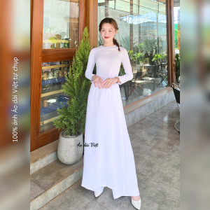 Đầm Ao Dai Việt Nam Trắng Thẳng Dài Cổ Tròn Tay Dài - Áo Dài Truyền Thống Cổ Điển