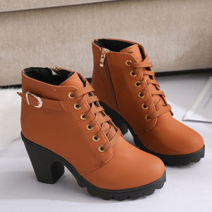 รองเท้าบู๊ทมาร์ตินสไตล์อังกฤษของผู้หญิง รองเท้าผู้หญิงรองเท้าบูทแฟชั่น ส้นสูงส้นหนา หรูหราม รองเท้าบูทสตรี รองเท้าส้นสูง