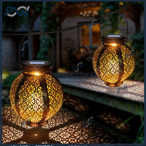 [PuWhao]Hanging Solar Lanterns Retro Hollow Solar Lights with Handle Outdoor Solar Garden Lights Decor for Yard Tree Fence Patio Bronze