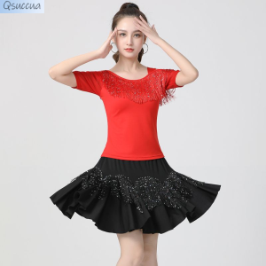 Square Dance Costume New Tassel Top Latin Dance Halfbody Short Skirt Dance Dress Marine Dance Performance Dress Two Piece Set