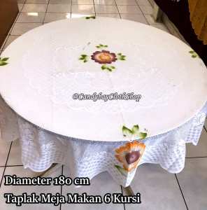 Taplak Meja Makan Bundar 6 Kursi Diameter 180 cm Bahan Kain Polyester Corak Bunga Mahkota