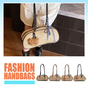 TIMIA Elegant Straw Bowling Bag Large Capacity Sweet Weave Shoulder Bag Portable Korean Style Underarm Bag Summer