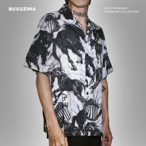 BUXUZIMA เสื้อฮาวาย ลายม้า Skeleton horse Hawaiian Shirt (สีขาว)