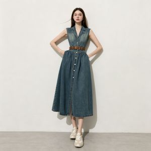 Fashion sleeveless denim dress womens new retro blue washed denim dress waist temperament commuting slim dress