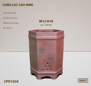Chậu trụ lục giác tử sa mini gốm tàu cao cấp CPD1034 kích thước 12x18cm lọt lòng 10x16cm chậu màu nâu tử sa hoạ tiết khắc chìm chậu bonsai mini để bàn.