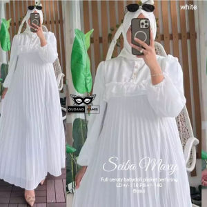 Gamis Ceruty Babydoll Polos Plisket 2024 Seiba Maxy Full furing Busui Kancing LD 110 PJ 140cm Halus Adem