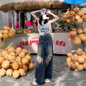 Retro Blue Ripped Wide Leg Jeans for Men 2026 New High-Waisted Straight-Leg Pants American High Street Floor-Length Pants Autumn Style