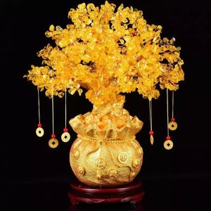 Dream Hunter Money Tree Bonsai Style Natural Feng Shui Gold Crystal Lucky Tree Wealth Fortune Money Bag Craft Decoration Home Office Dropship